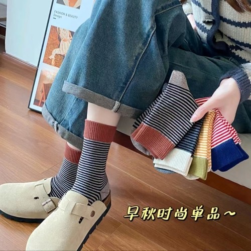 棉质拼色秋冬中筒袜|千人加购