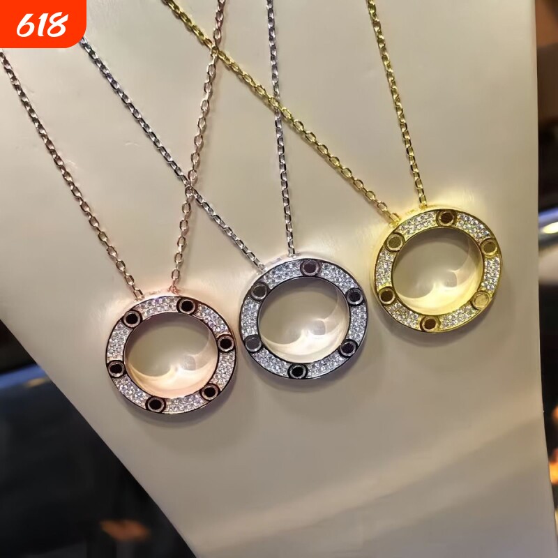 高级感LOVE项链大饼满钻双环锁骨链情侣款礼物玫瑰金白金钉子金色
