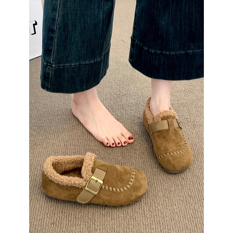 加绒勃肯鞋女2025秋冬季新款厚底一脚蹬懒人豆豆鞋毛毛乐福棉鞋子