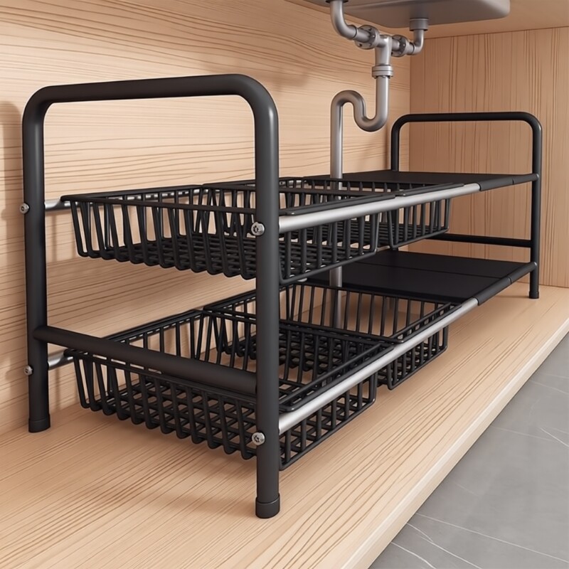 厨房置物架可伸缩收纳架橱柜内分层挂篮储物架柜子多层台面水槽