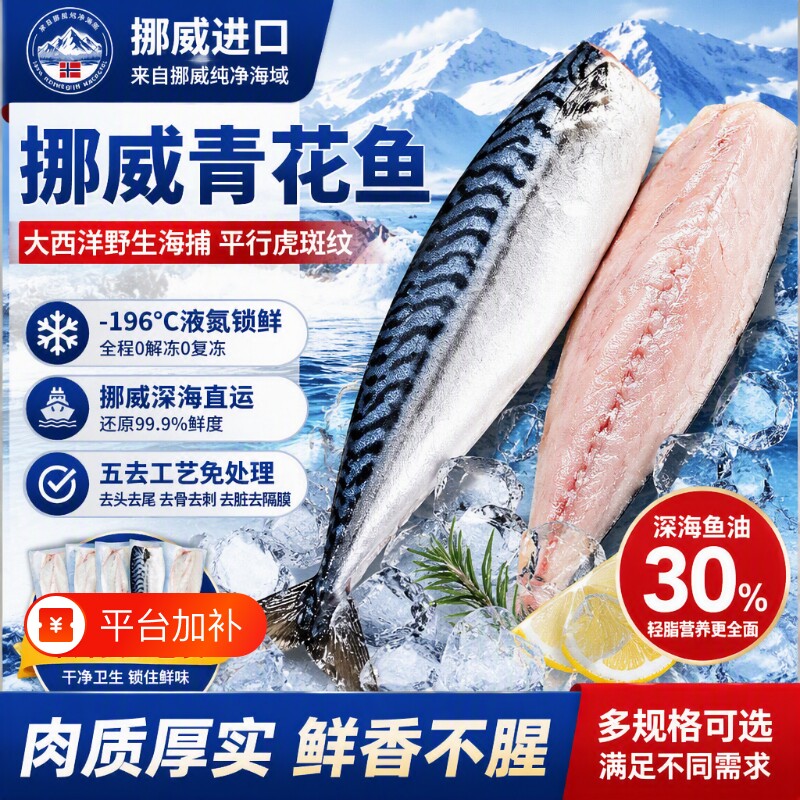 青花鱼挪威进口鲭鱼青花鱼片半成品盐渍新鲜烤青占鱼冷冻深海野生