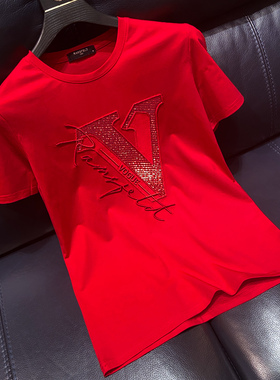 潮牌男士丝光棉字母v刺绣T恤夏季中国风红色修身半袖个性男装体恤