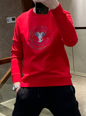 欧洲站痞帅男士荧光卫衣修身圆领加绒上衣潮牌炸街红色外套反光冬