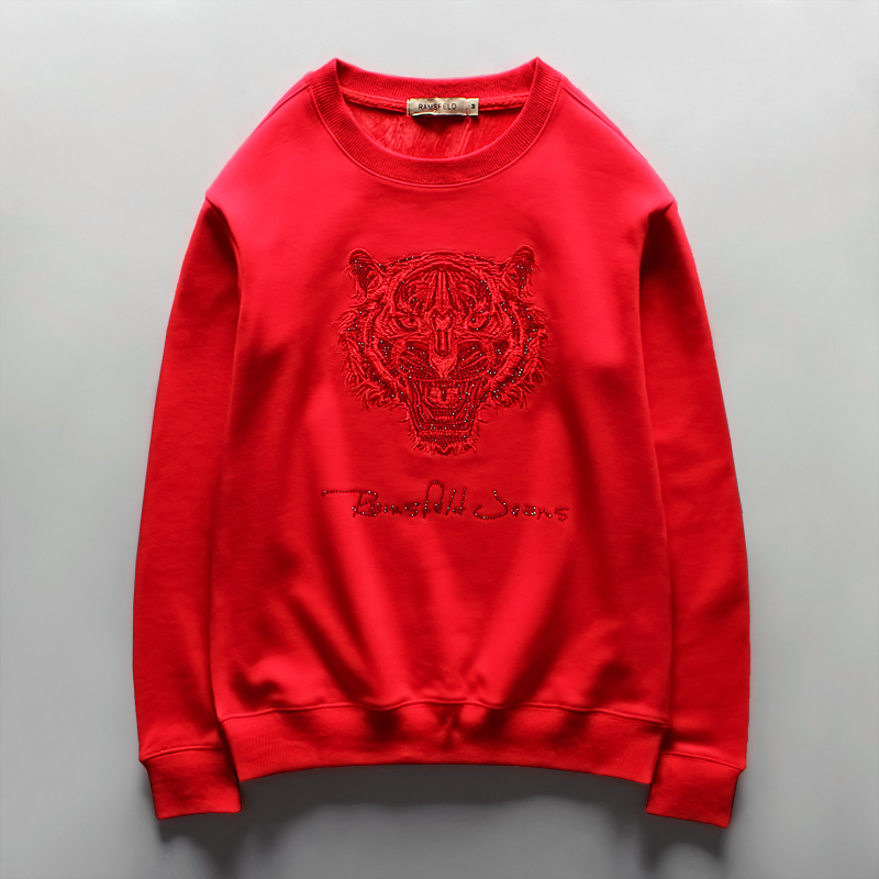 男士美式加绒卫衣冬季烫钻刺绣老虎头潮牌无帽精神小伙本命年红色