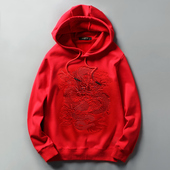 纶斯斐卫衣男中国风潮刺绣龙连帽卫衣马年本命年秋季 ins外套红色