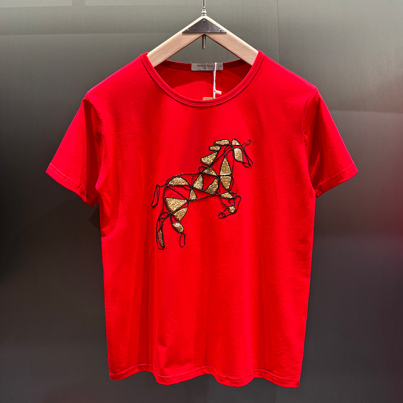 潮牌半袖刺绣中青年战马T恤男