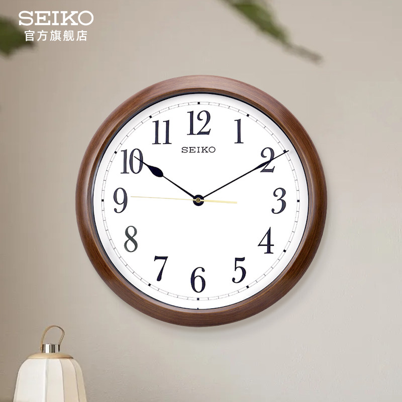 SEIKO日本精工16寸时钟客厅大气石英钟罗马刻度木纹静音圆形挂钟