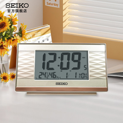 新款新品SEIKO精工时钟电子时钟小闹钟桌面LED显示夜灯温度湿度