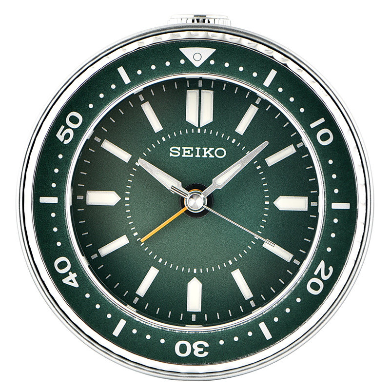 SEIKO 일본 세이코 둥근 녹색 물 유령 시계는 단순한 모양 조용한 청소 두 번째 스누즈 야간 조명 빛나는 작은 알람 시계를 가지고 있습니다