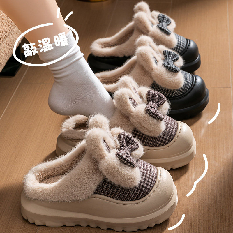 厚底增高棉拖鞋女室内居家蝴蝴蝶结冬季新款毛绒绒保暖外穿,女鞋,包头拖,淘宝优惠券,粉丝福利购,淘宝优惠卷