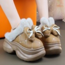 新款蝴蝶结棉拖鞋女秋冬季室内保暖家居防滑防水厚底皮面加绒