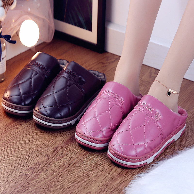卉茲沐秋冬季新款PU皮面平跟情侶棉拖鞋女防滑耐磨時尚保暖室內男在類目 女鞋, 拖鞋中 - 來自Buy2taobao.com提供專業的淘寶代購服務