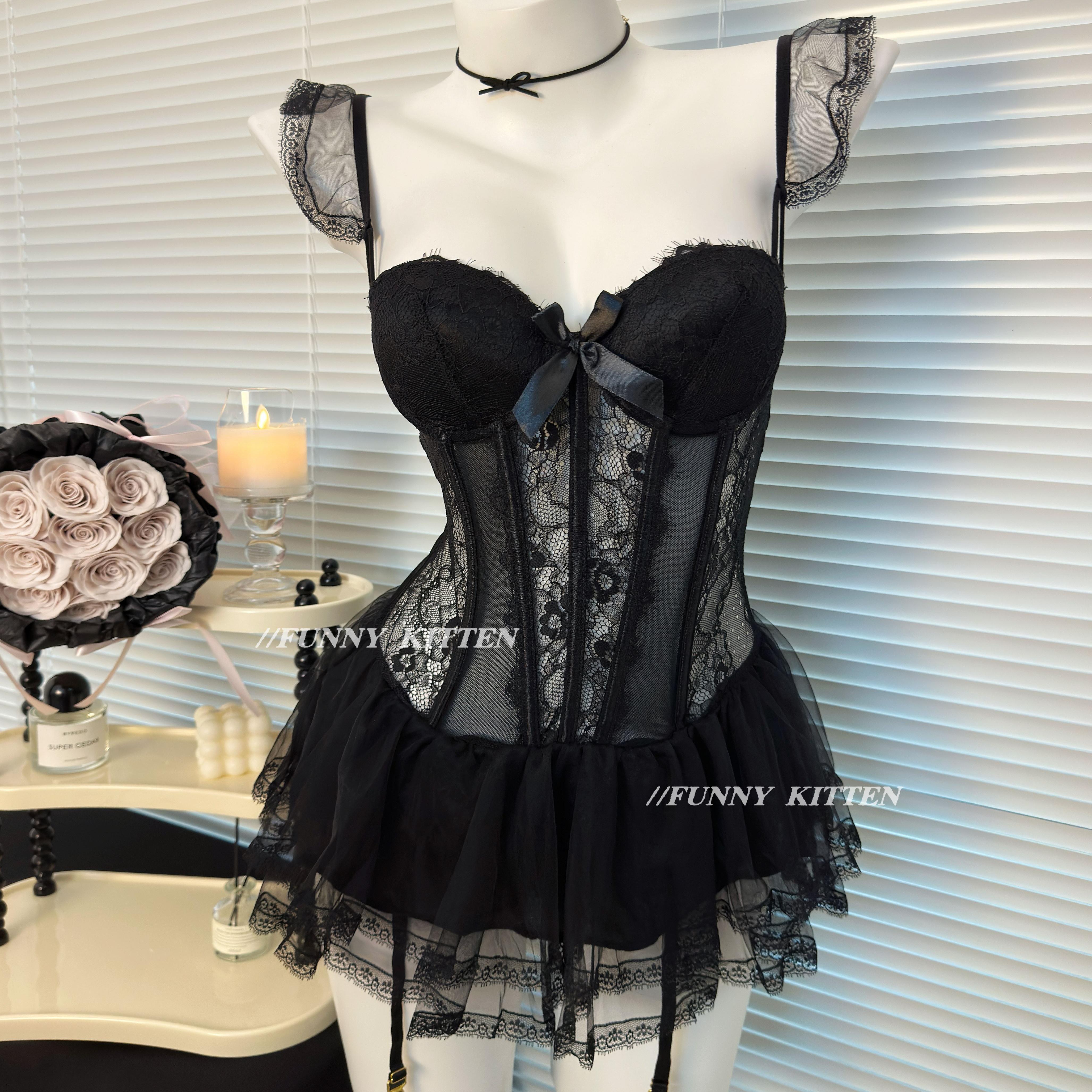 FUNNY KITTEN蕾丝性感睡衣女胸垫大码夏季新款纯欲高级感吊带睡裙