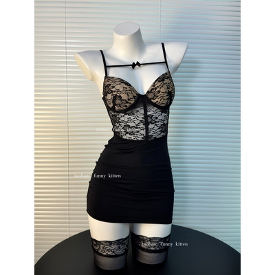 funny kitten纯欲性感蕾丝包臀裙带胸垫钢托透视约会辣妹秘书睡裙