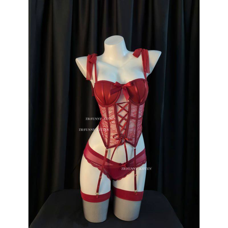 FUNNY KITTEN红色蕾丝性感内衣女带胸垫聚拢塑身纯欲吊带辣妹套装