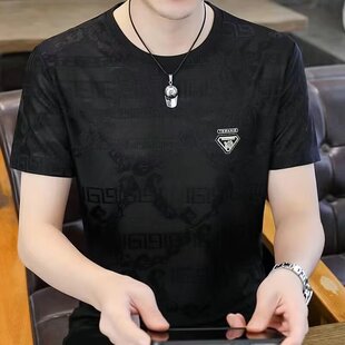 夏季新款宽松冰丝提花透气男士短袖T恤高端体恤衫半袖圆领男上衣