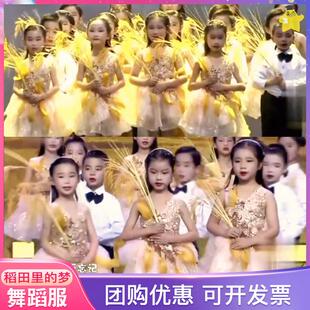 稻田里的中国梦服装禾下乘凉梦演出服儿童女纱裙黄男童背带裤六一
