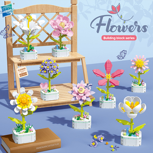 积木芙蓉花朵植物盆栽小颗粒拼装花束桌面摆件宝宝系列生日礼物
