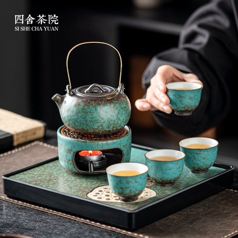 绿松釉窑变温茶器暖茶炉围炉煮茶蜡烛加热底座提梁壶泡茶小套装S