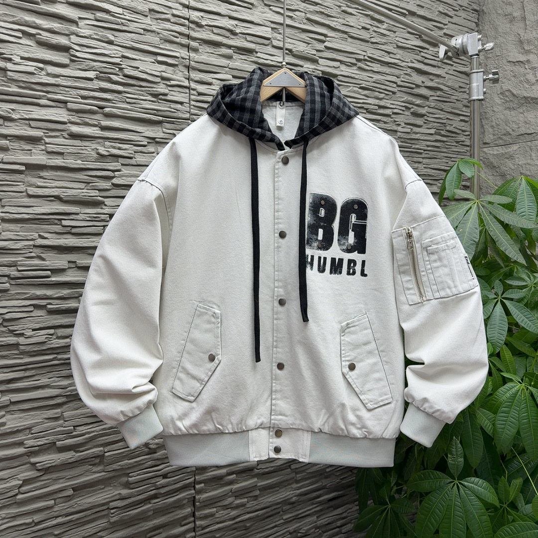 春季新款美式复古假两件牛仔棒球服外套宽松男休闲百搭上衣外套男