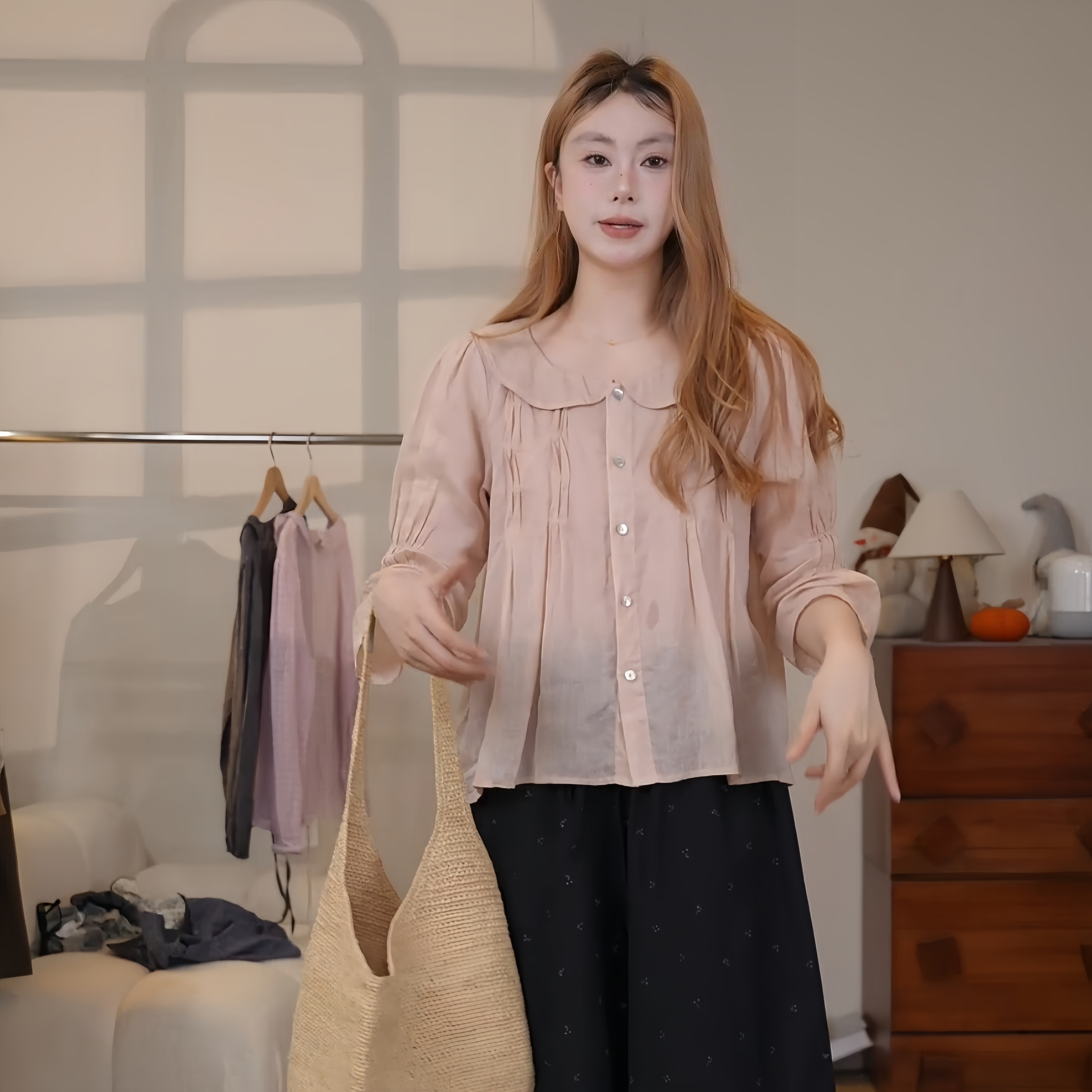 褶皱打条娃娃领衬衫女亚麻上衣