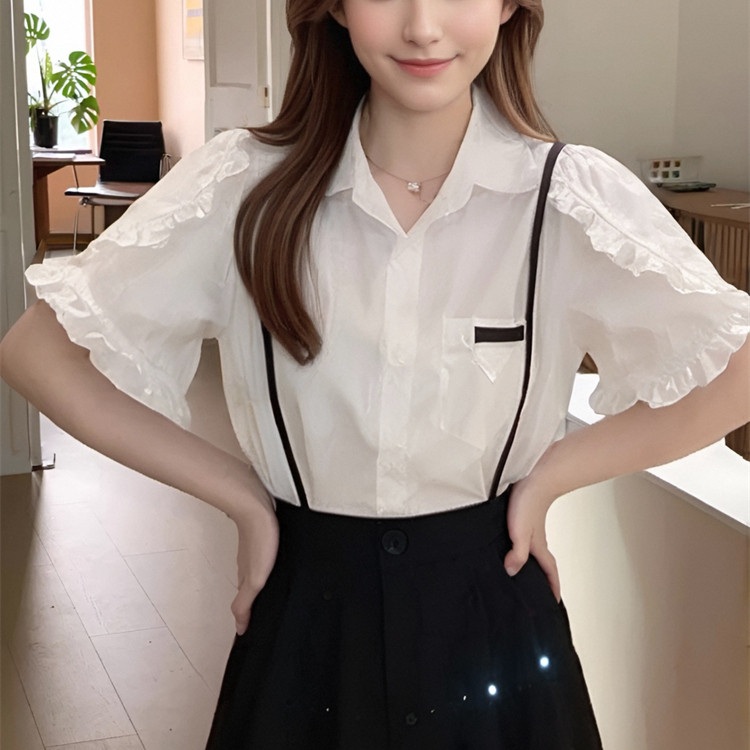 夏季新款百搭小标荷叶花边泡泡袖白色短袖衬衫女宽松显瘦别致上衣,女装/女士精品,衬衫,淘宝优惠券,粉丝福利购,淘宝优惠卷