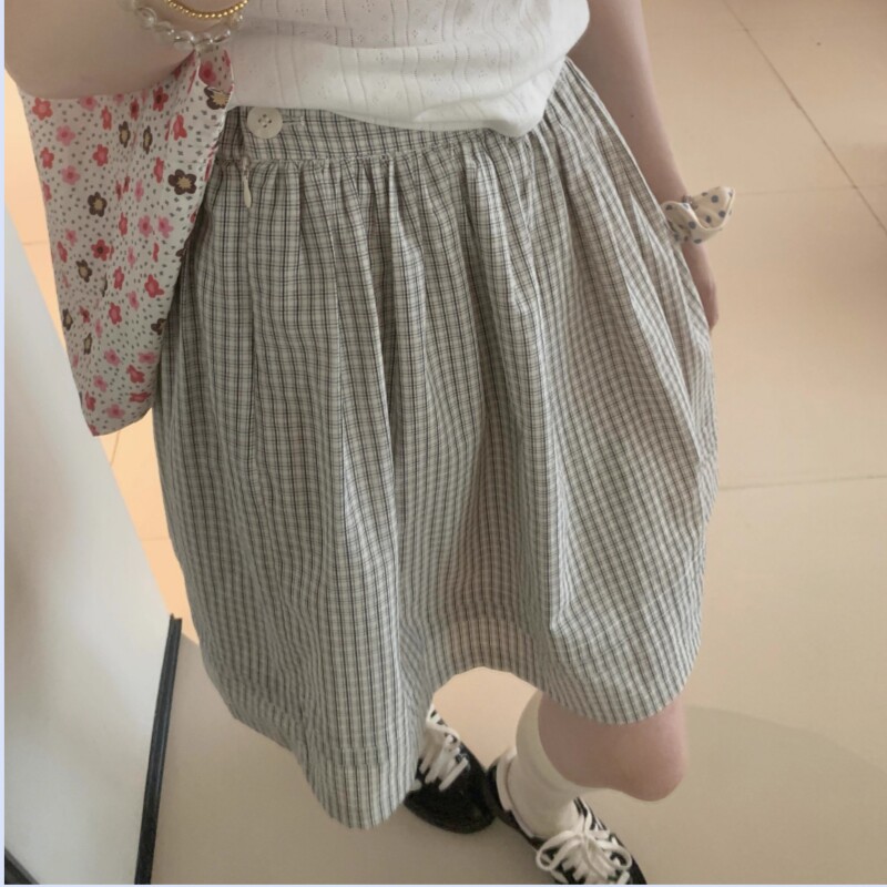 高端货~经典百搭休闲黑白格中长半裙女夏季显瘦伞裙蓬蓬裙半身裙