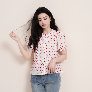 女设计感洋气宽松上衣薄 夏季 2025新款 港风复古波点印花泡泡袖 衬衫