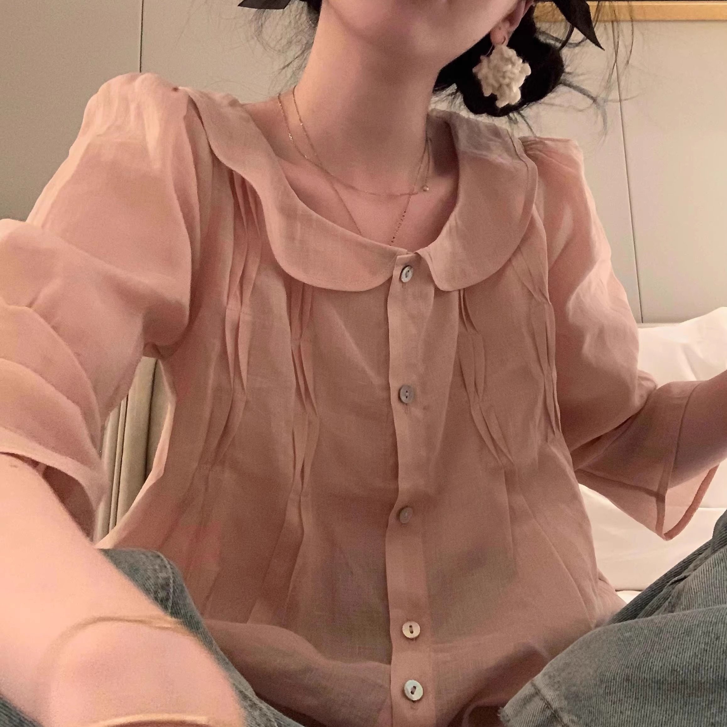 高端货~浅桃粉褶皱打条娃娃领衬衫女初秋新款七分袖苎麻宽松上衣