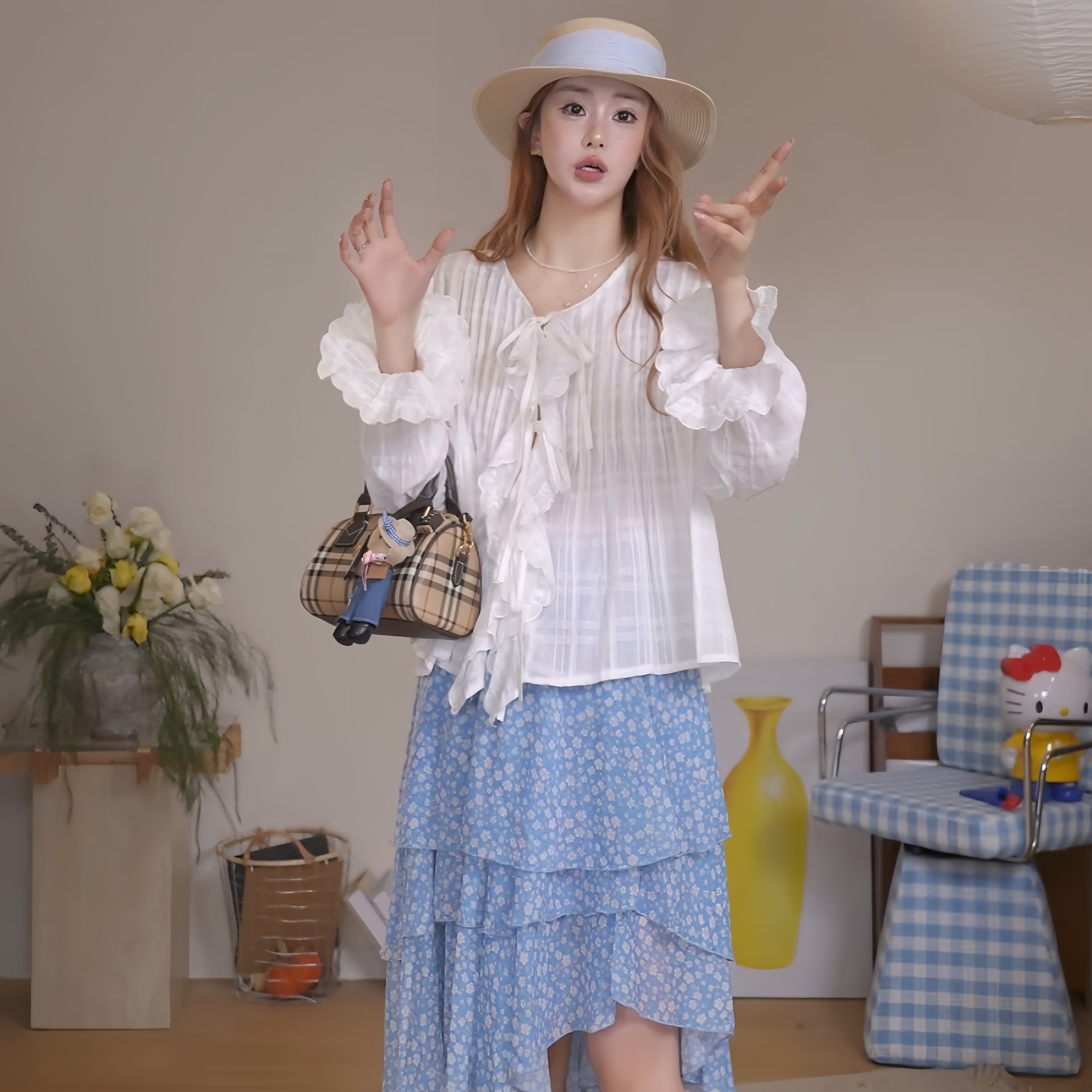 重工荷叶边格子衬衫女系带小上衣