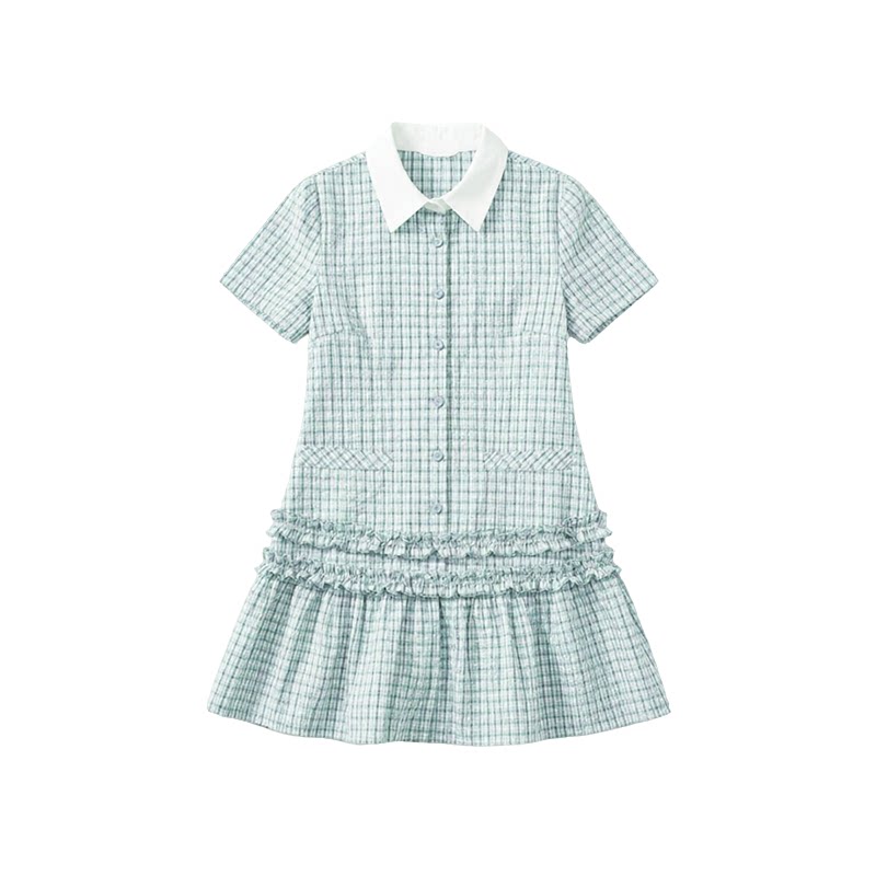 夏季定染绿格子短袖A字连衣裙