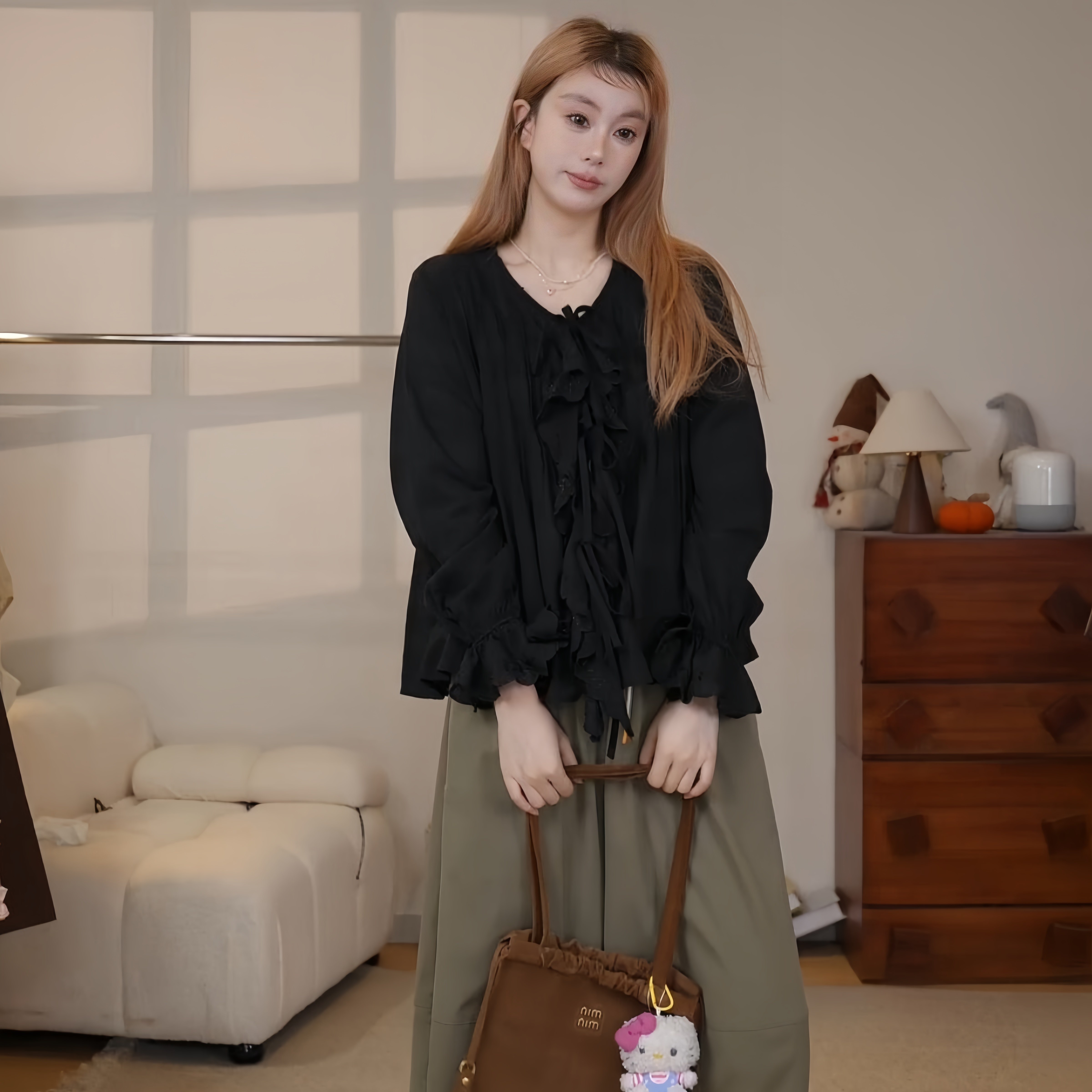 重工刺绣荷叶边蕾丝褶皱女衬衫