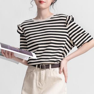 设计感别致绝美小上衣 法式 条纹圆领荷叶边短袖 t恤女2025夏季 新款