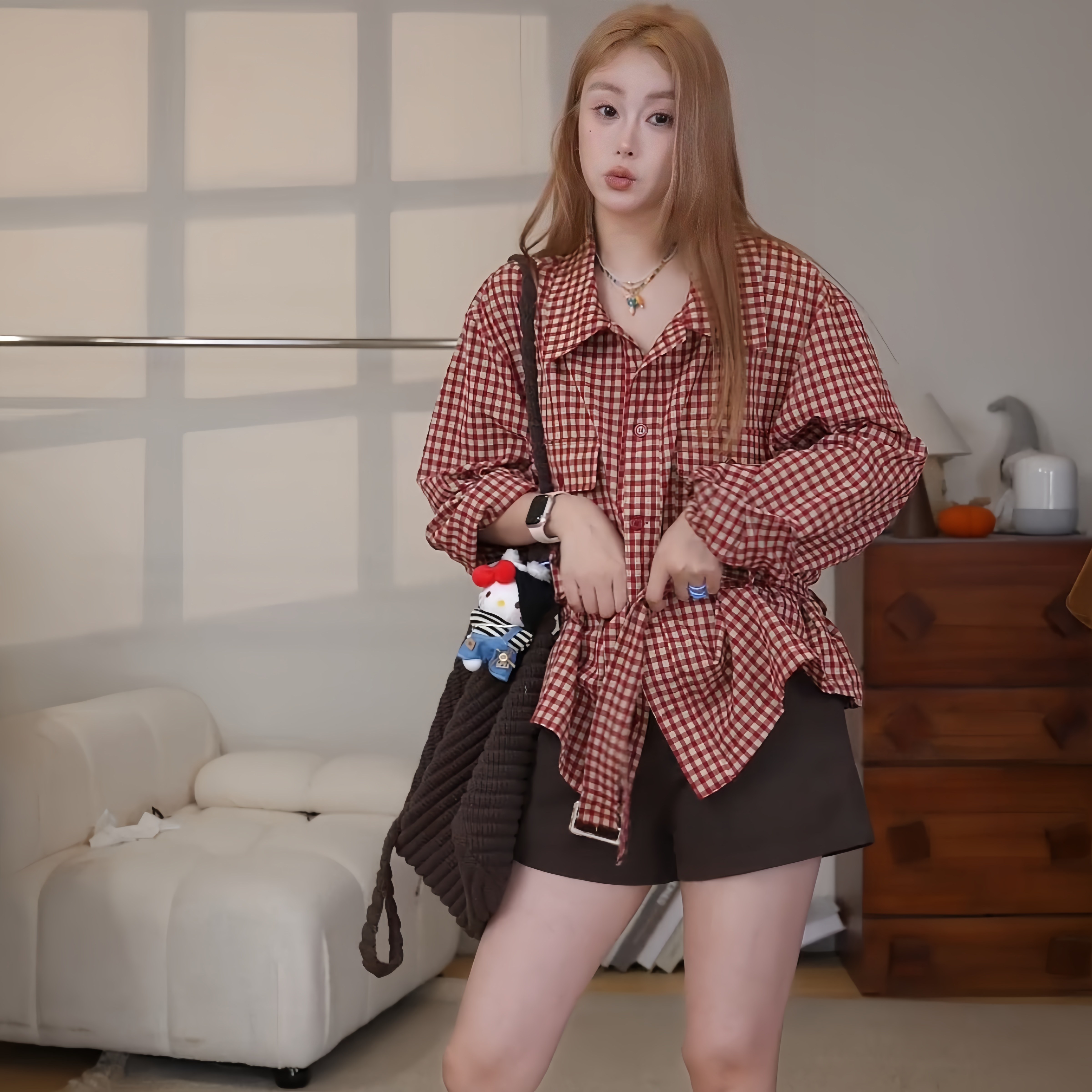 红色格子亚麻衬衫女皮带收腰衬衣