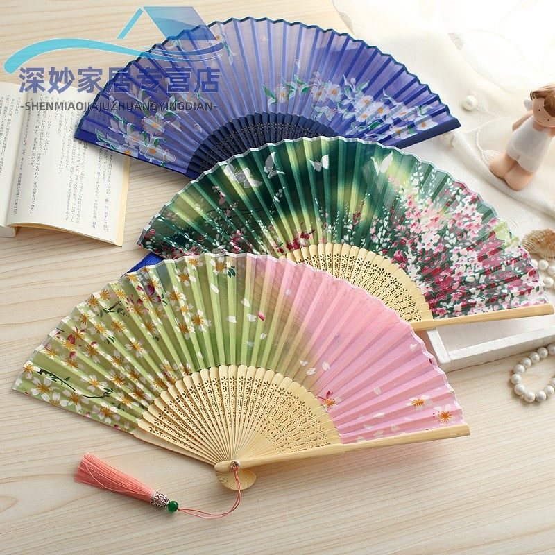 中国风扇子女折扇古风礼品日式扇和风樱花折叠扇绫绢舞蹈扇旗袍扇_虎窝淘