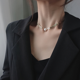 轻奢颈链项链女生 小众设计ins风高级感叶子麦穗造型镶嵌珍珠时尚