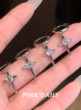 彩色芒星十字架闪钻耳圈