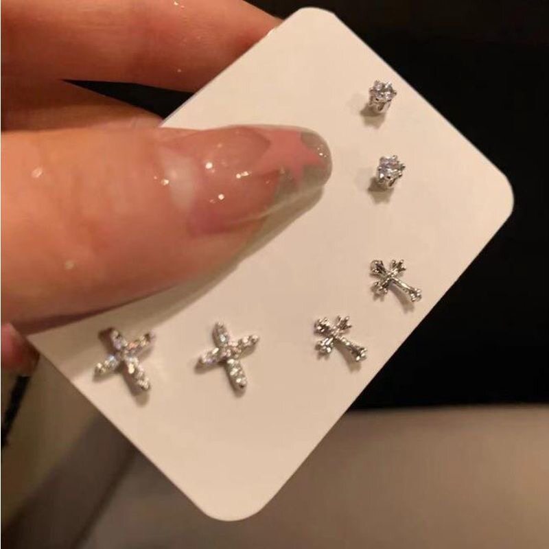 超值6件套~轻奢超闪十字架耳钉独特小巧精致套装耳环百女
