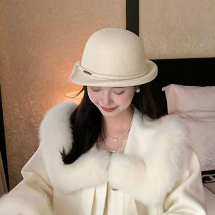 法式白月光千金羊毛呢小礼帽女士2025新款秋冬季保暖英伦复古盆帽