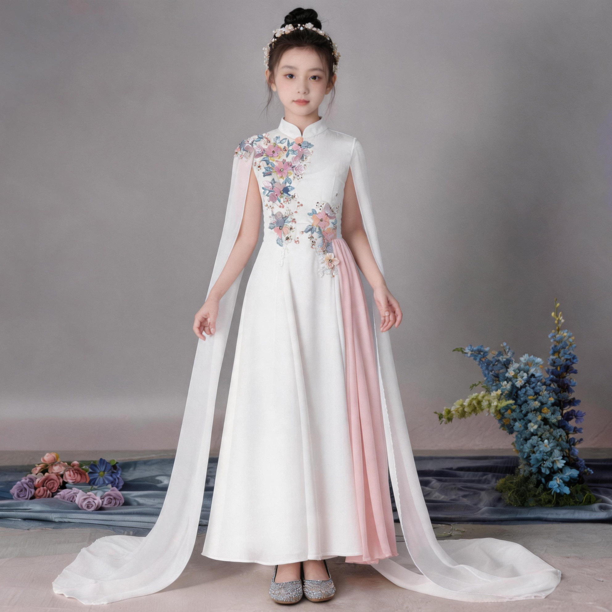 新中式立领长袖刺绣花朵白色长裙女童演出服舞台表演礼服花卉刺绣图片