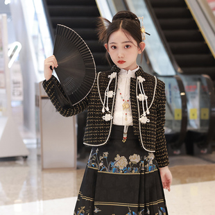 中国风女童外套毛呢2025秋冬上衣新中式汉服洋气亲子母女大衣格子
