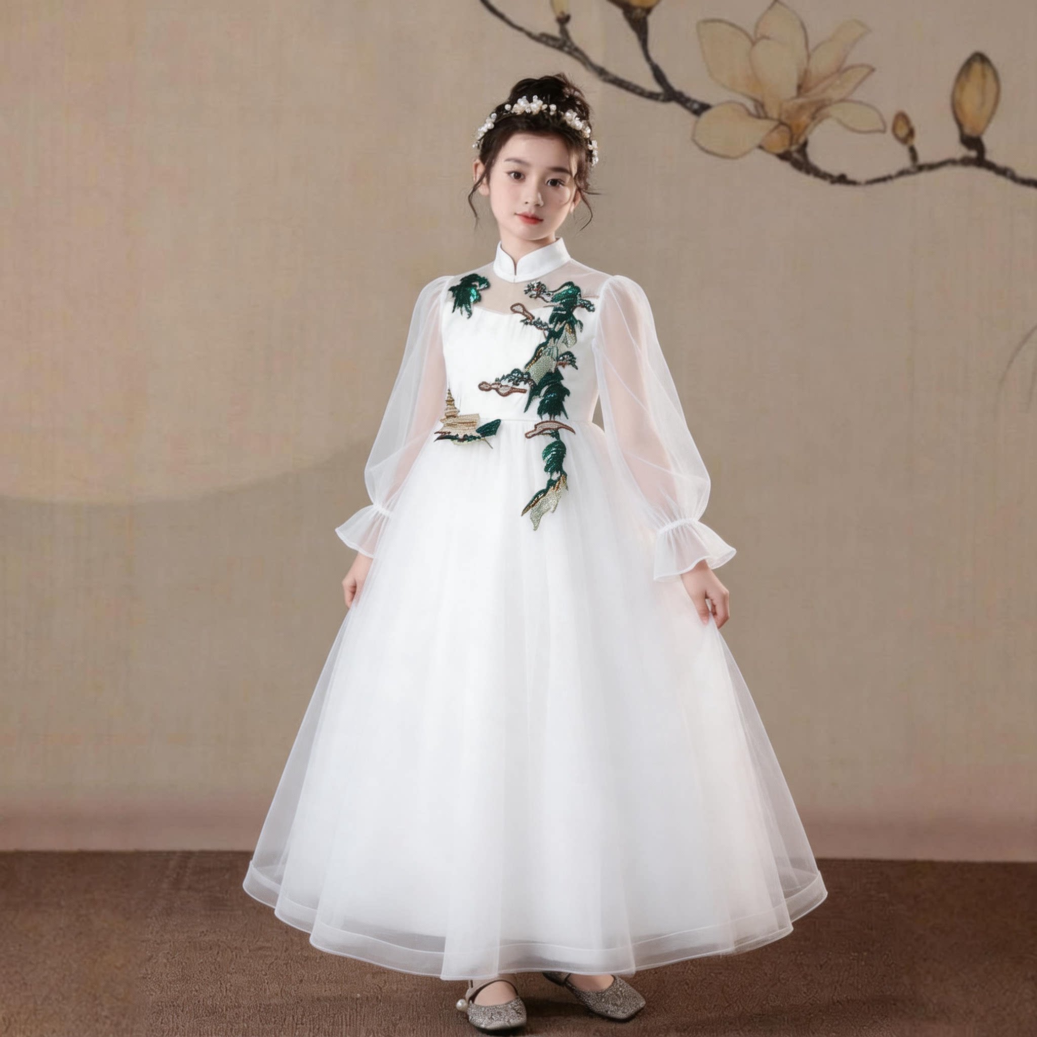 中国风儿童演出服女童古筝表演服白色长款公主裙立领礼服蓬蓬纱裙