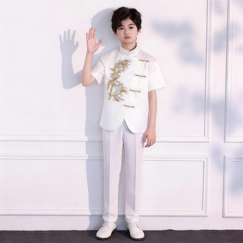 新中式男童白色西装演出服中国风古筝表演套装儿童合唱朗诵中山装