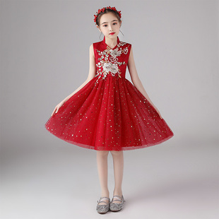 儿童节唱红歌儿童演出服钢琴演奏礼服女童公主裙蓬蓬纱裙古风旗袍