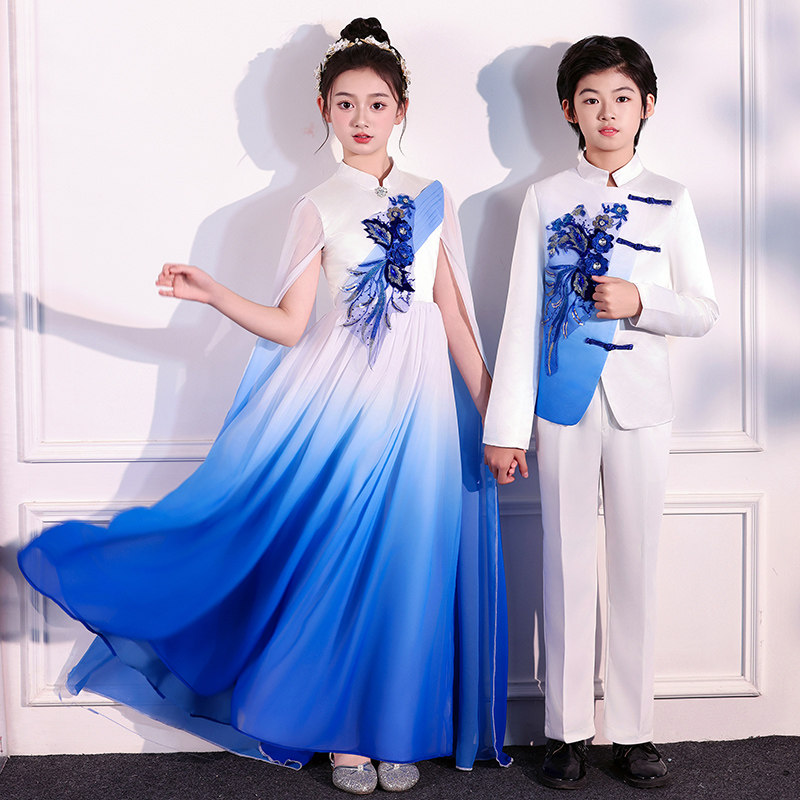中国风大合唱演出服男童中山装诗歌朗诵表演儿童礼服裙女童公主裙