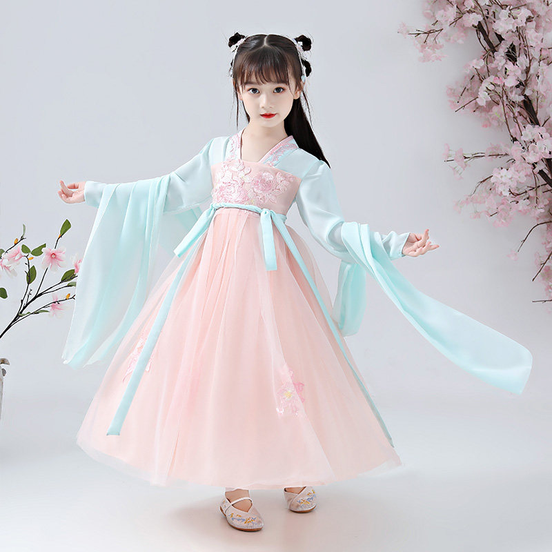 儿童表演服女童汉服超仙连衣裙改良坦领襦裙女童古装汉服中国风
