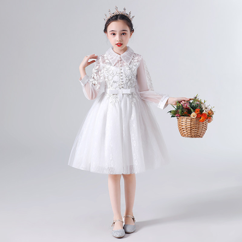 女童礼服公主裙白色蓬蓬纱花童婚纱裙小女孩主持生日儿童晚礼服