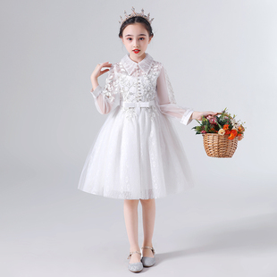 女童礼服公主裙白色蓬蓬纱花童婚纱裙小女孩主持生日儿童晚礼服