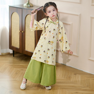 女童两件套中国风宽松阔腿裤儿童汉服小女孩唐装旗袍裙亲子母女款