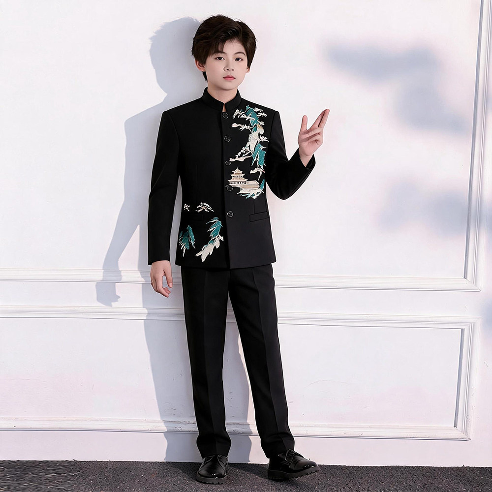 新中式男童西装立领订珠刺绣中山装黑色外套合唱团演出服表演礼服